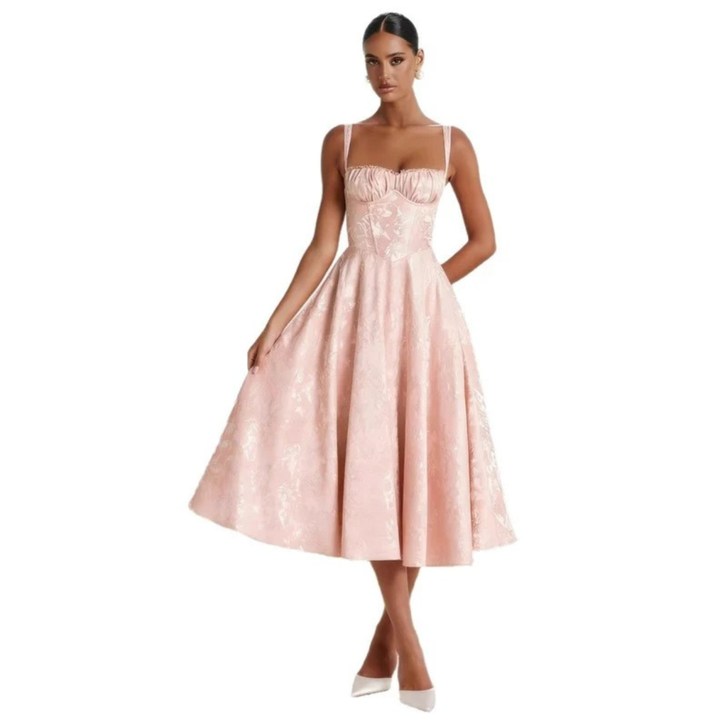 Gesa | Damen Rosa Cocktail Midikleid mit Rüschen