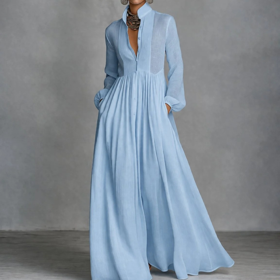Gesine | Damen Fließendes Langarm Maxikleid mit Kragen