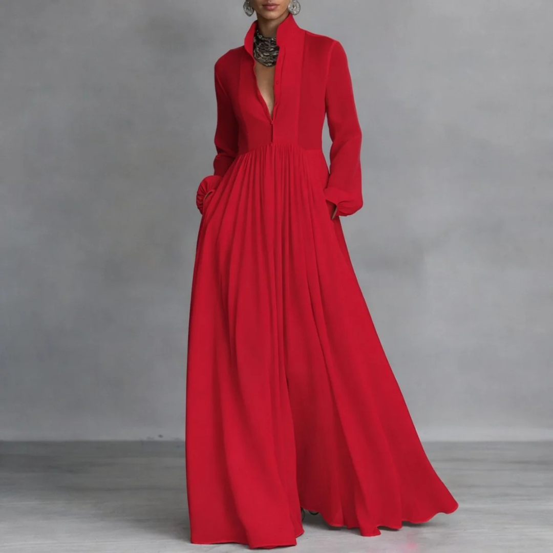Gesine | Damen Fließendes Langarm Maxikleid mit Kragen