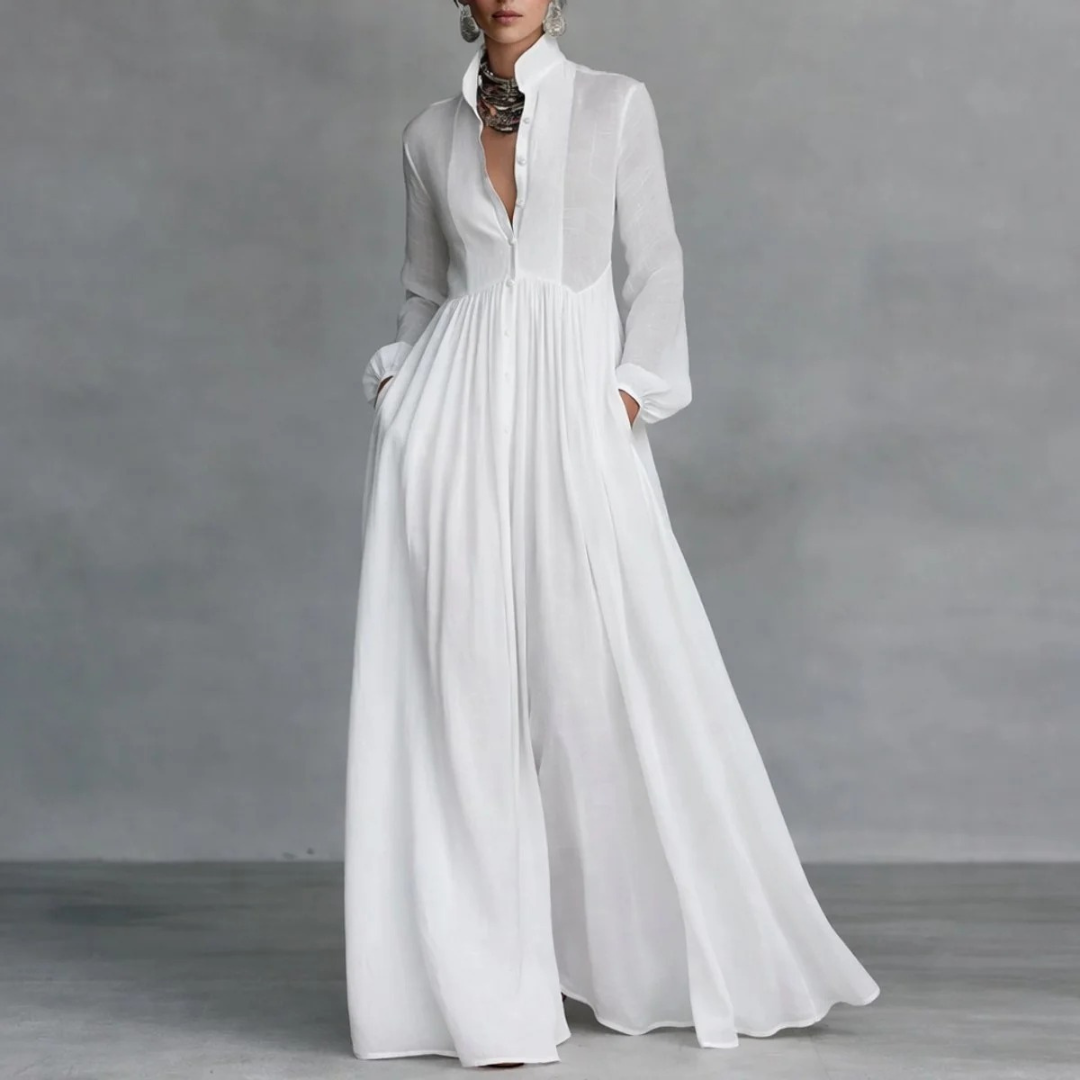 Gesine | Damen Fließendes Langarm Maxikleid mit Kragen