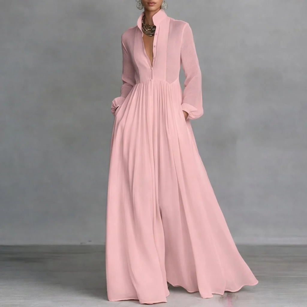 Gesine | Damen Fließendes Langarm Maxikleid mit Kragen