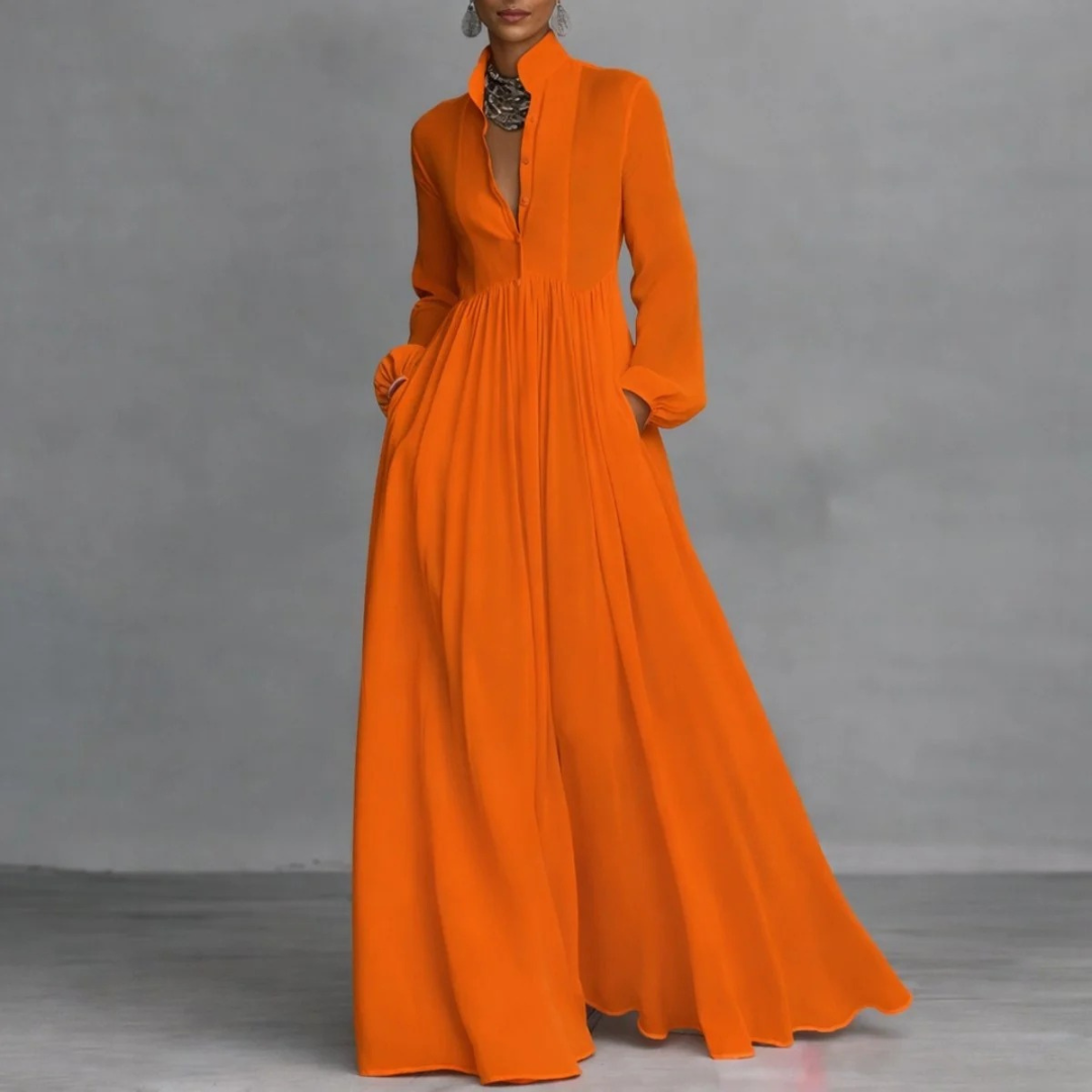 Gesine | Damen Fließendes Langarm Maxikleid mit Kragen