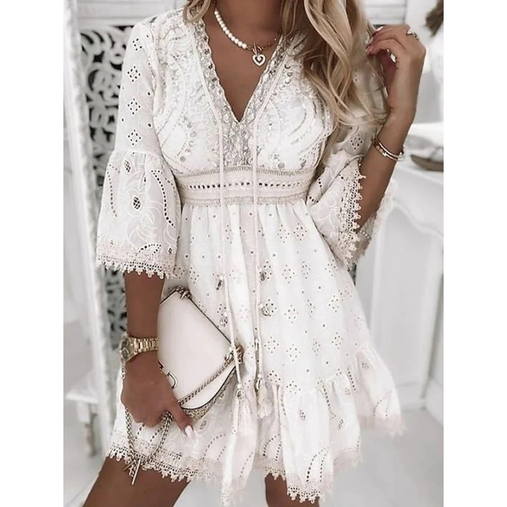 Gisa | Romantisches Boho Mini-Sommerkleid mit Spitze