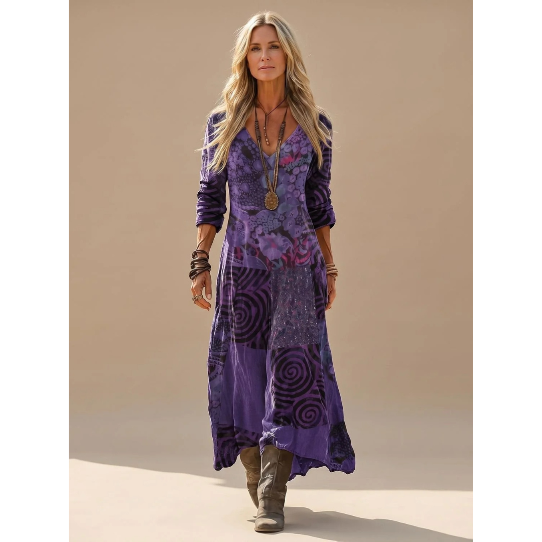 Giulia | Damen Lila Boho Maxikleid mit Langarm, V Ausschnitt und Vintage Patchwork