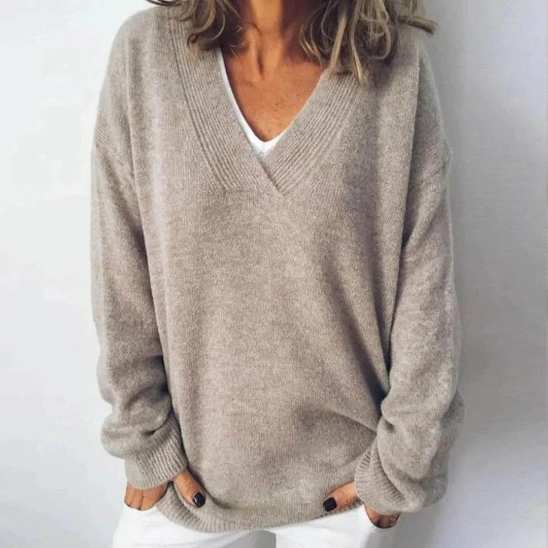 Greta | Damen Beige Komfortable V-Ausschnitt Pullover