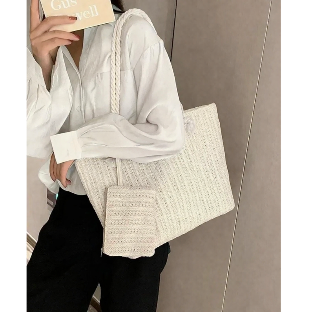 Große Shopper Tote Bag mit Seilhenkeln und Etui | Strand & Alltag