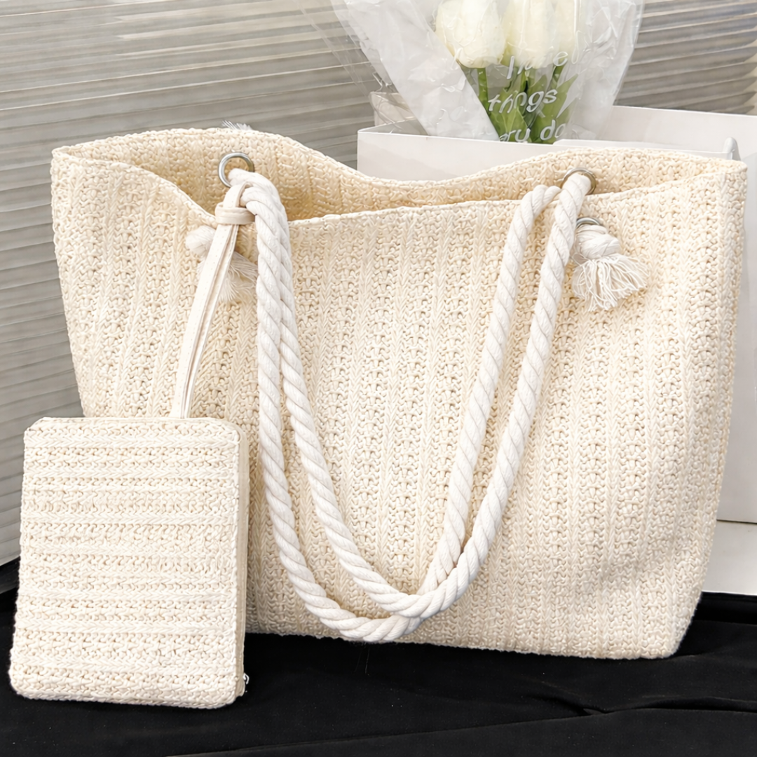 Große Shopper Tote Bag mit Seilhenkeln und Etui | Strand & Alltag