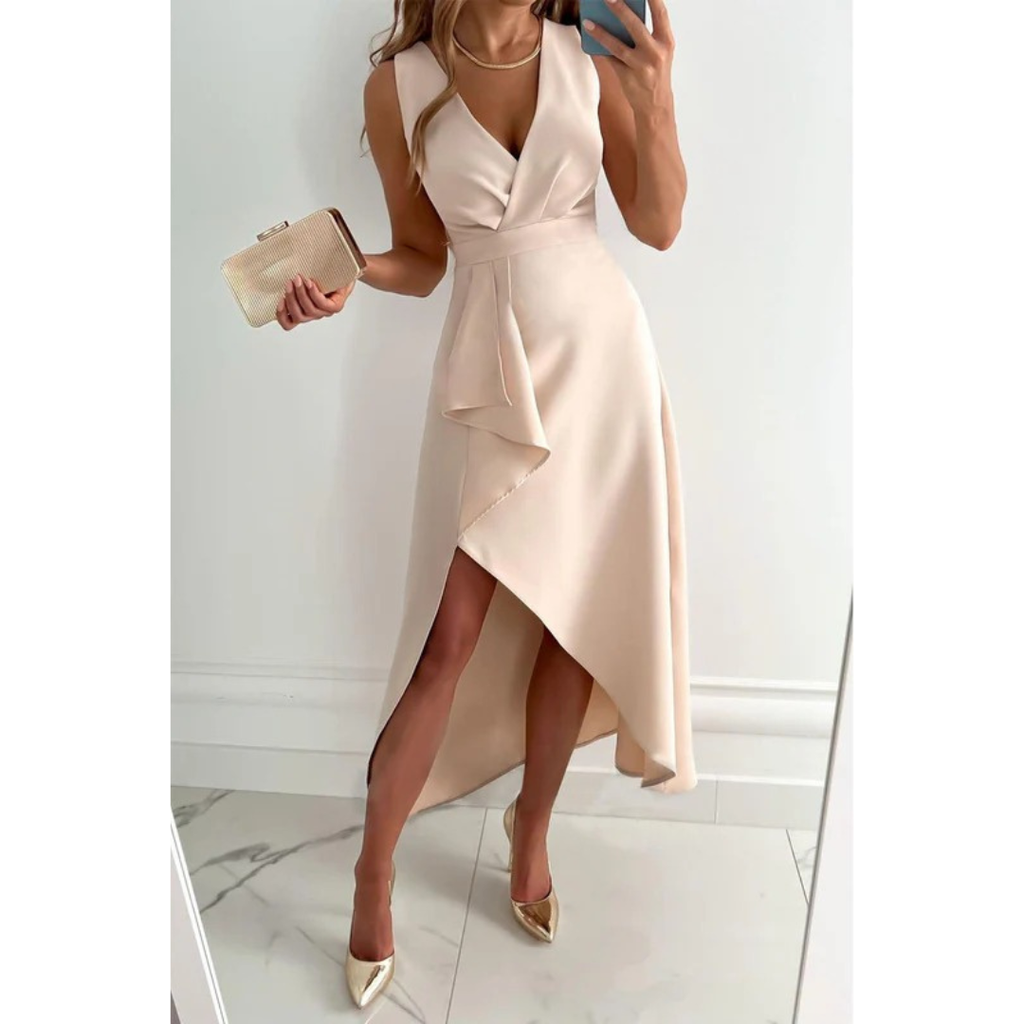 Hailey | Damen Beiges Midikleid Asymmetrisch Hochzeit