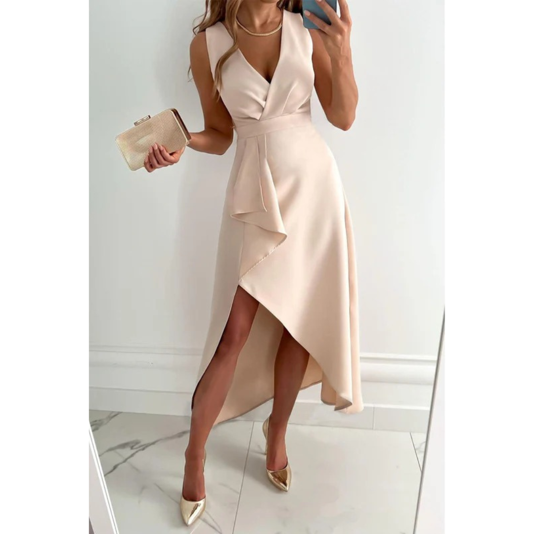 Hailey | Damen Beiges Midikleid Asymmetrisch Hochzeit