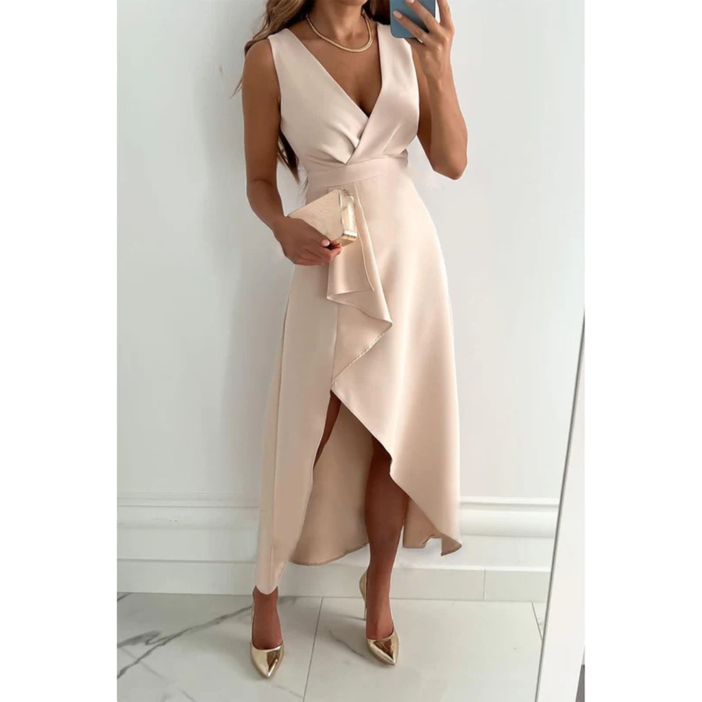 Hailey | Damen Beiges Midikleid Asymmetrisch Hochzeit