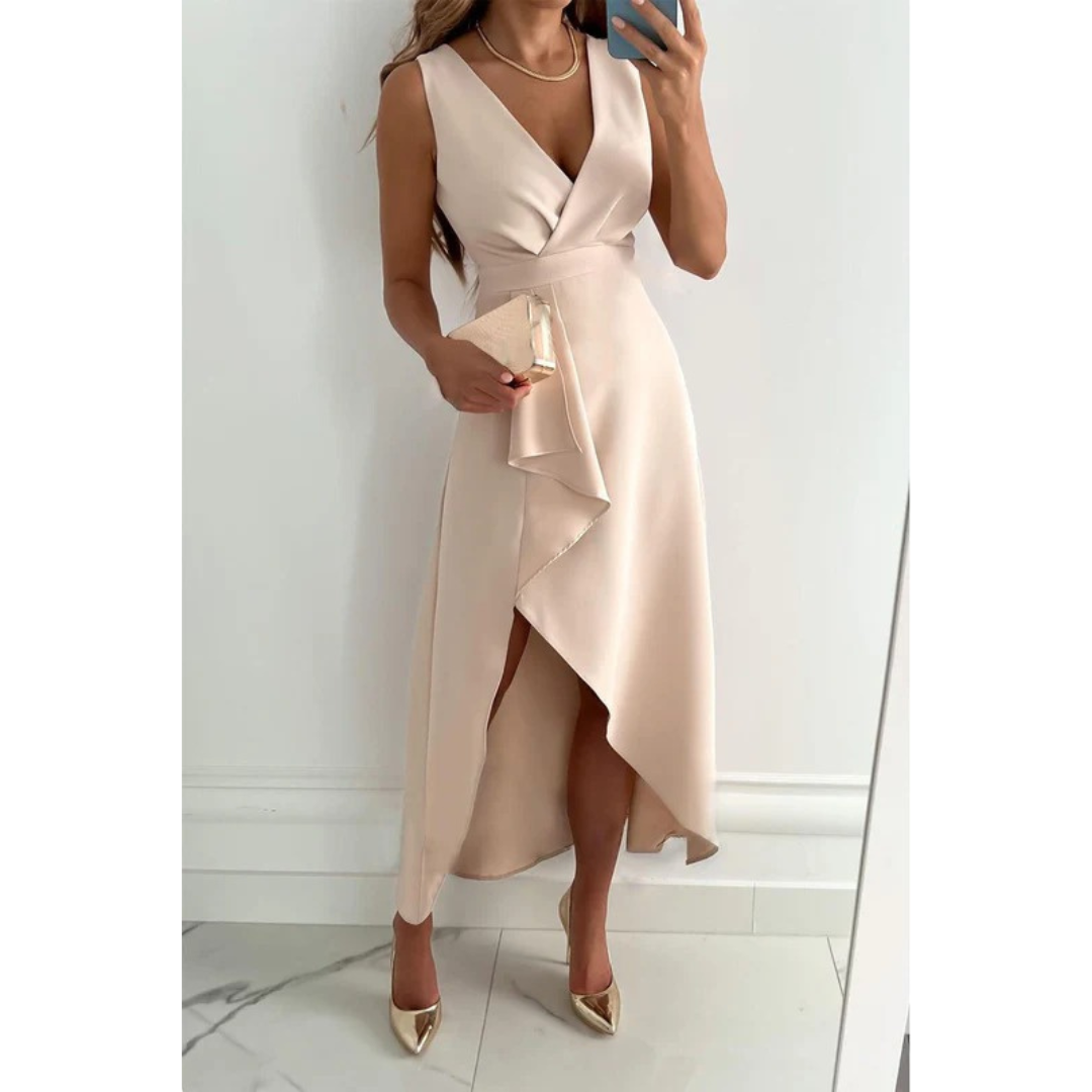 Hailey | Damen Beiges Midikleid Asymmetrisch Hochzeit