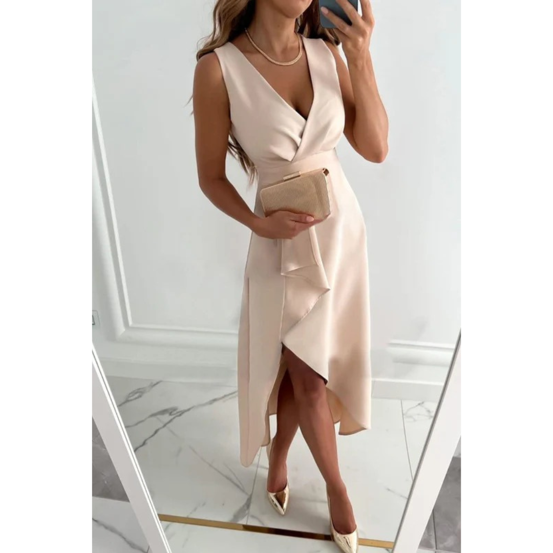 Hailey | Damen Beiges Midikleid Asymmetrisch Hochzeit