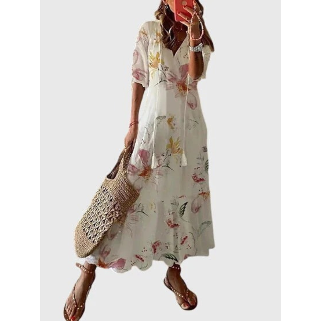 Hannelore | Damen Boho Midikleid Mit V-Ausschnitt