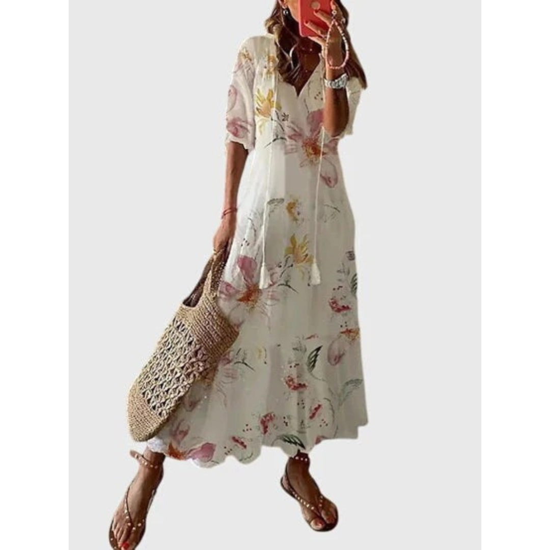 Hannelore | Damen Boho Midikleid Mit V-Ausschnitt