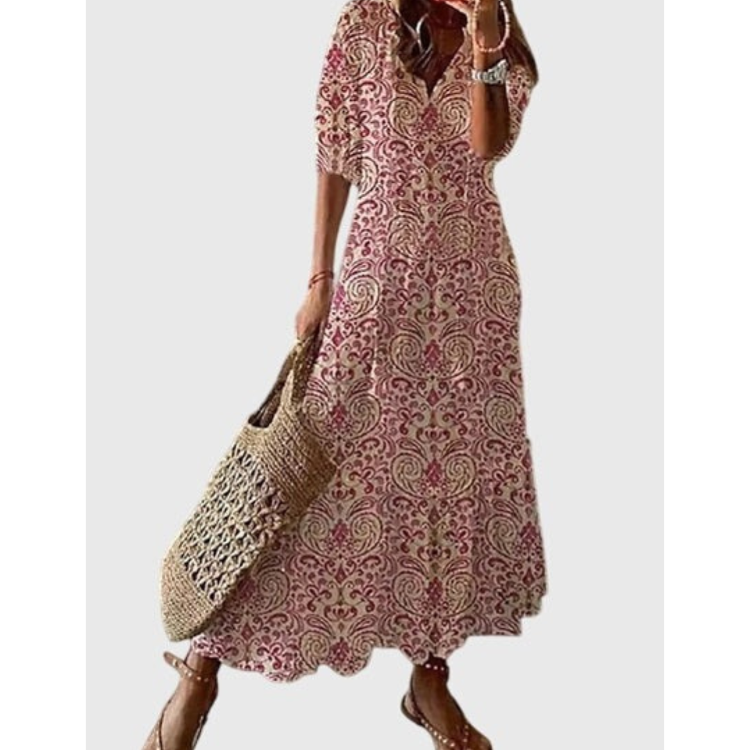 Hannelore | Damen Boho Midikleid Mit V-Ausschnitt