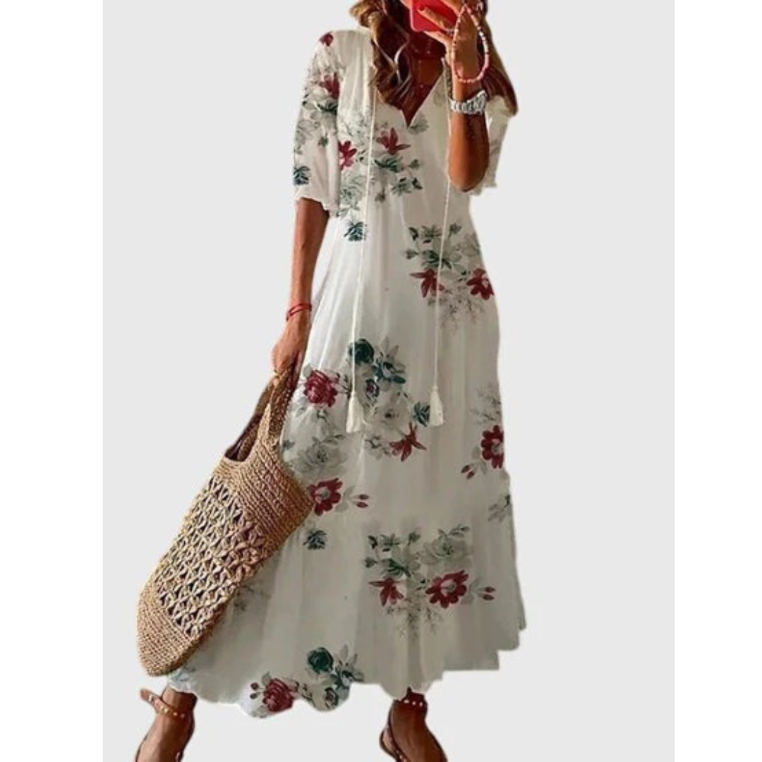 Hannelore | Damen Boho Midikleid Mit V-Ausschnitt