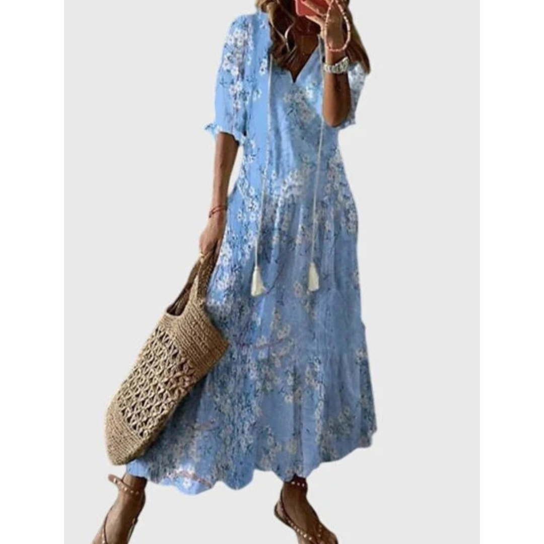 Hannelore | Damen Boho Midikleid Mit V-Ausschnitt