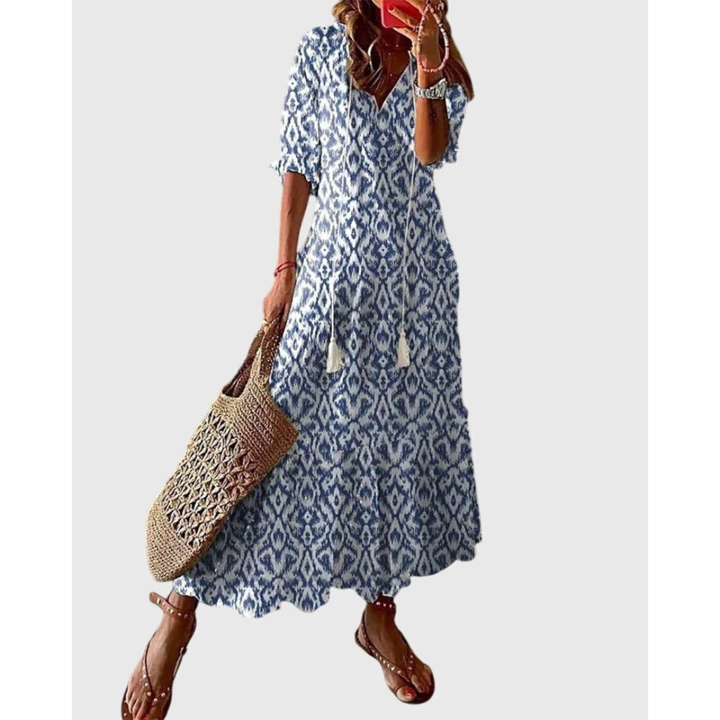 Hannelore | Damen Boho Midikleid Mit V-Ausschnitt