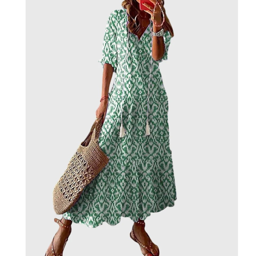 Hannelore | Damen Boho Midikleid Mit V-Ausschnitt