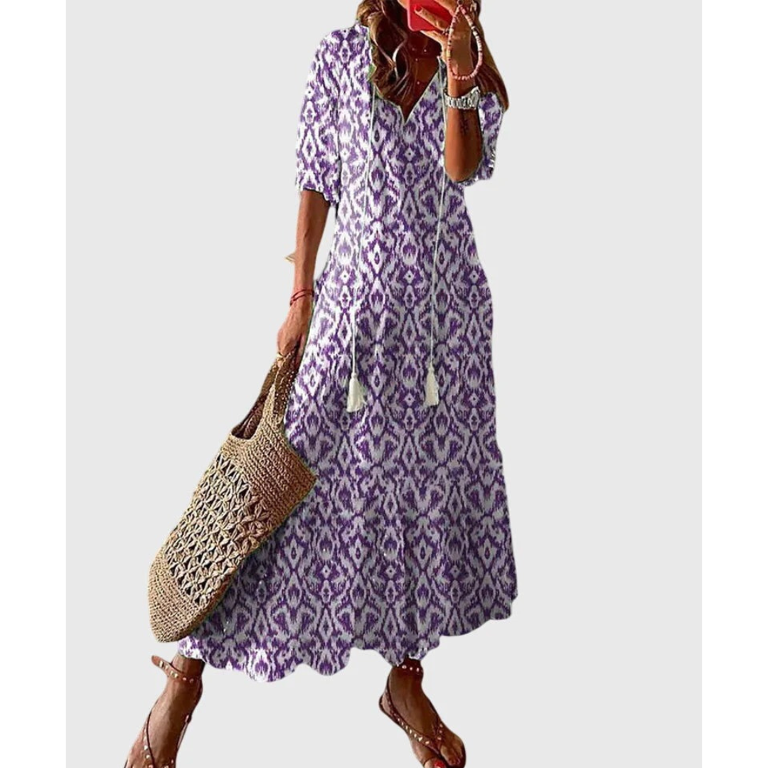 Hannelore | Damen Boho Midikleid Mit V-Ausschnitt