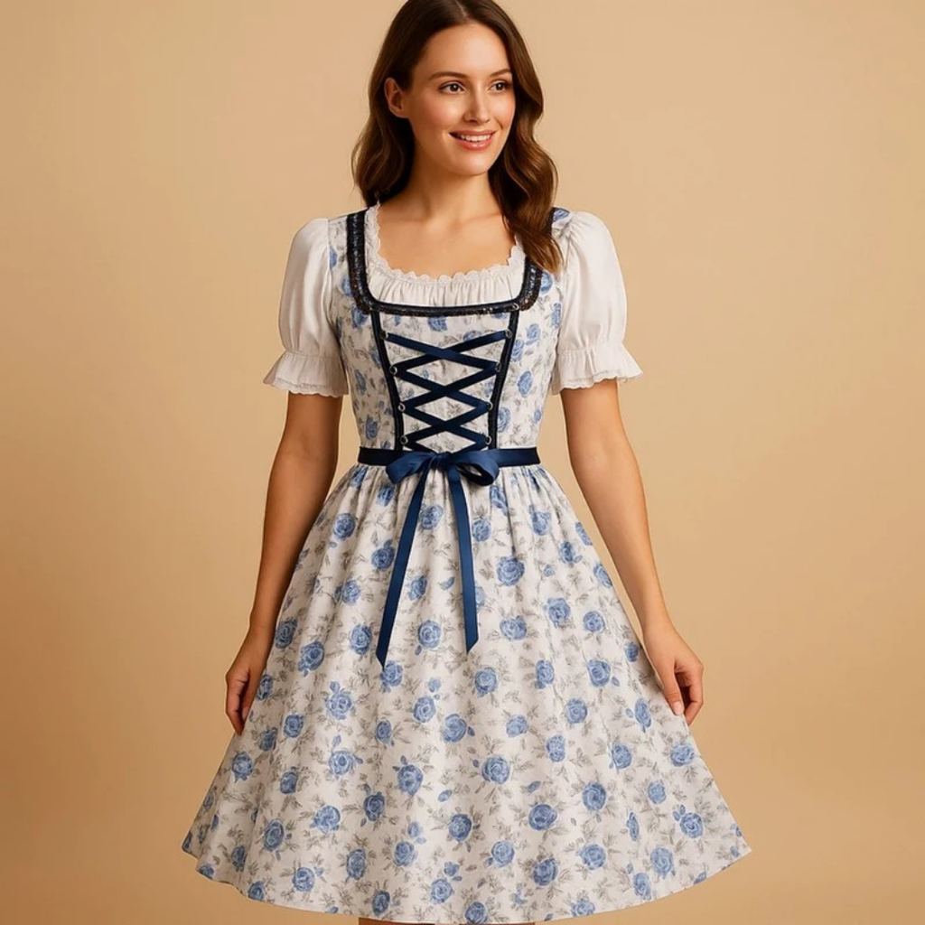 Henriette | Damen Dunkelblau Weißes Oktoberfest Dirndl Mit Blumen Motiv Und Trachten Stil