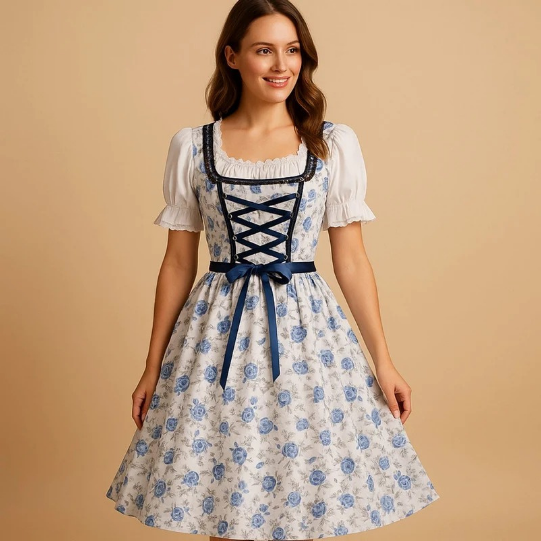 Henriette | Damen Dunkelblau Weißes Oktoberfest Dirndl Mit Blumen Motiv Und Trachten Stil