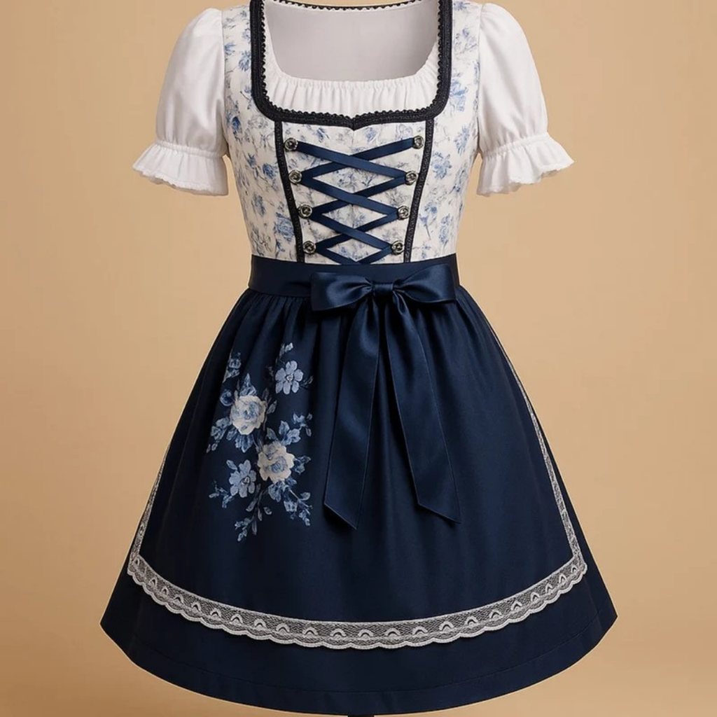 Henriette | Damen Dunkelblau Weißes Oktoberfest Dirndl Mit Blumen Motiv Und Trachten Stil