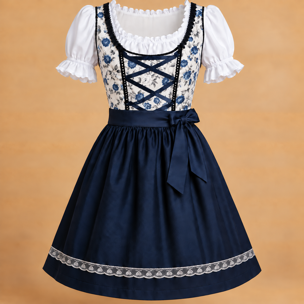 Henriette | Damen Dunkelblau Weißes Oktoberfest Dirndl Mit Blumen Motiv Und Trachten Stil
