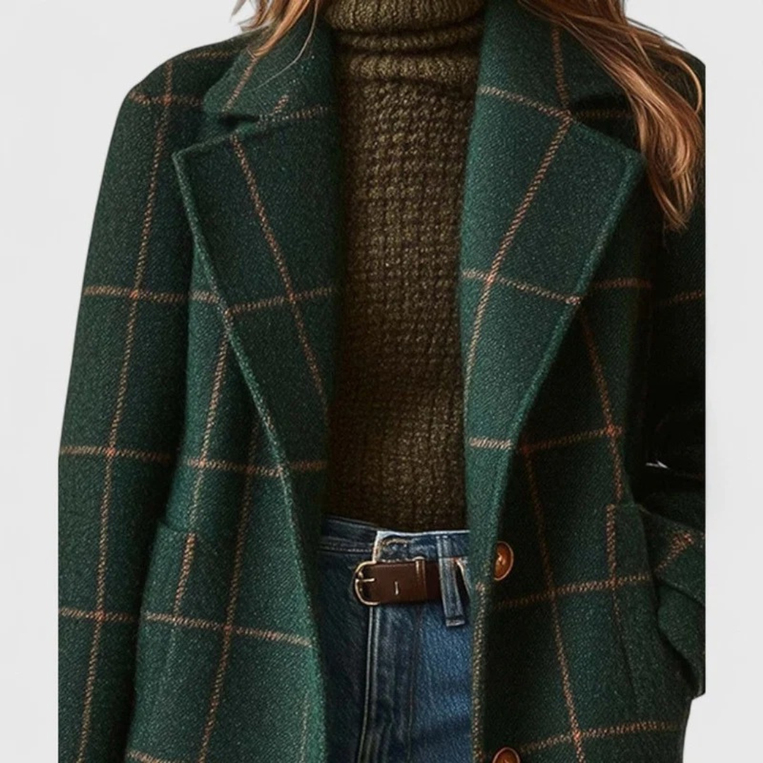 Henriette | Damen elegante karierte Winterjacke in Dunkelgrün