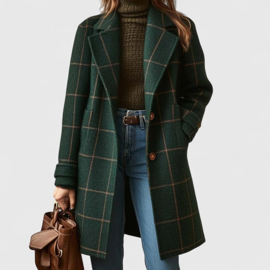Henriette | Damen elegante karierte Winterjacke in Dunkelgrün