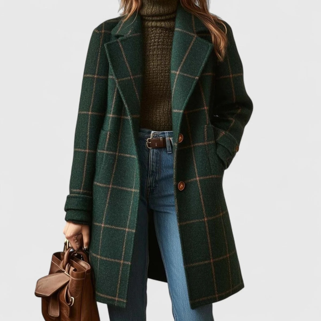 Henriette | Damen elegante karierte Winterjacke in Dunkelgrün