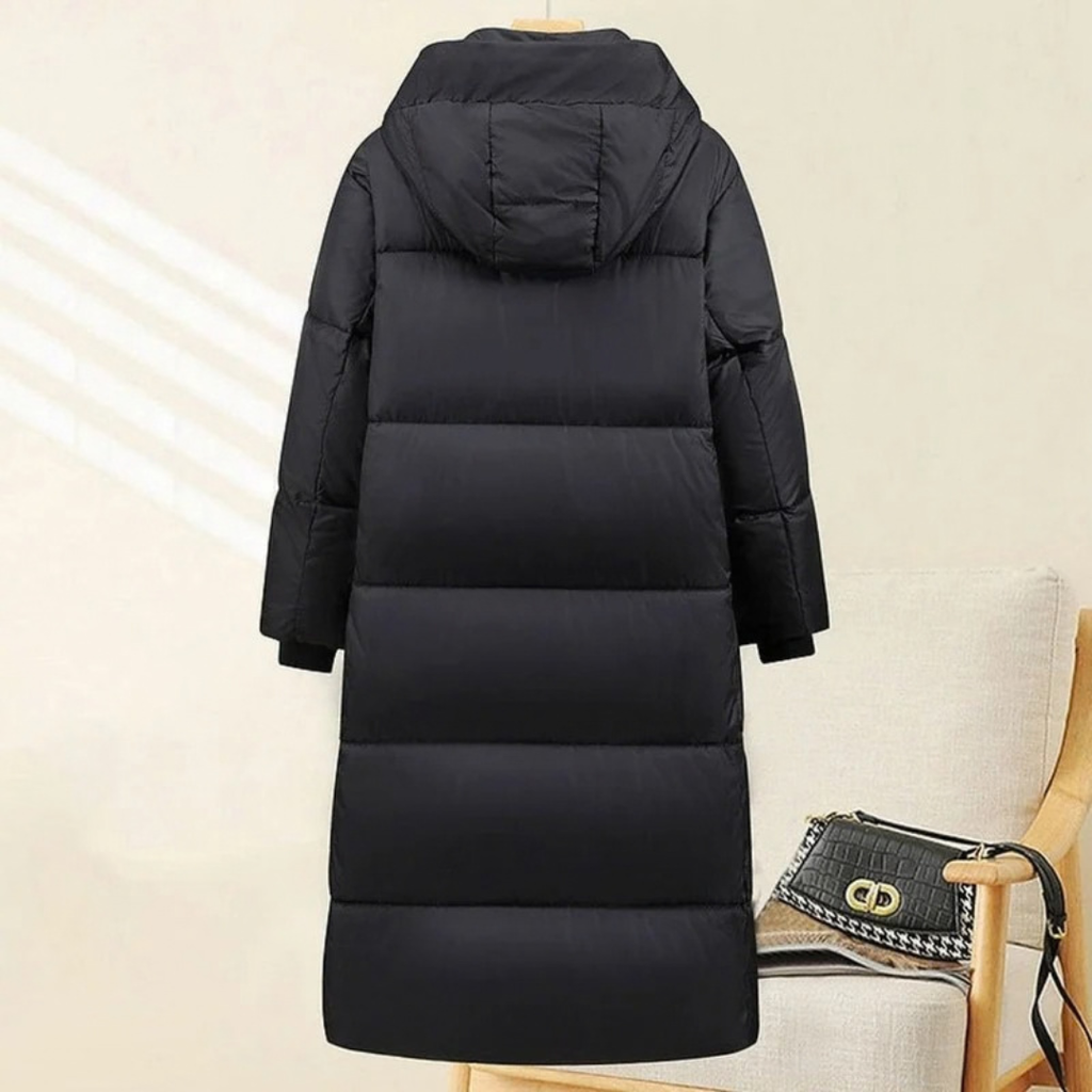 Henrike | Damen Schwarze Lange Winterjacke mit Kapuze und Parka Stil