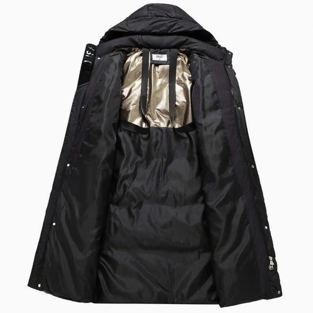 Henrike | Damen Schwarze Lange Winterjacke mit Kapuze und Parka Stil