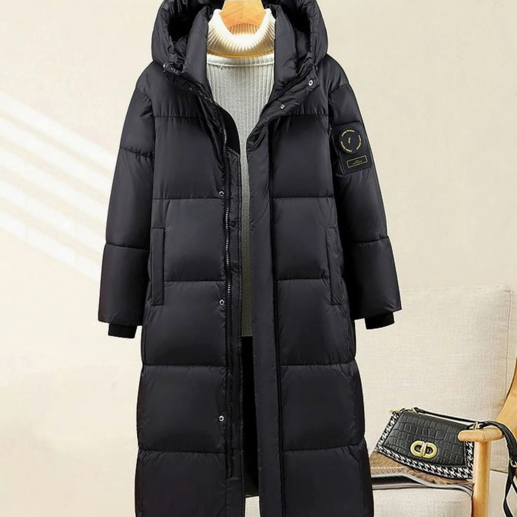 Henrike | Damen Schwarze Lange Winterjacke mit Kapuze und Parka Stil