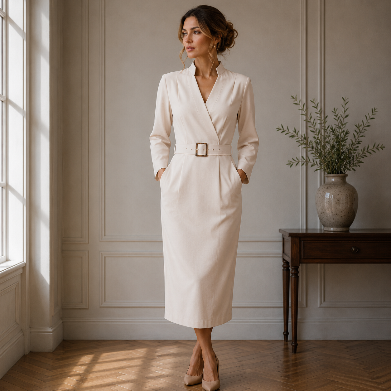 Hilda | Damen Stilvolles Midikleid Mit V-Ausschnitt