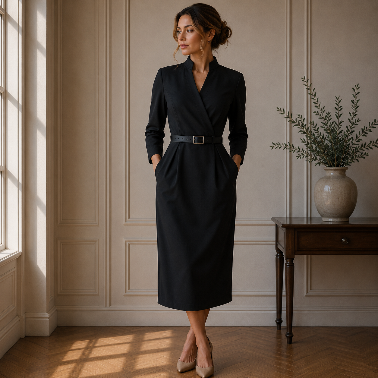 Hilda | Damen Stilvolles Midikleid Mit V-Ausschnitt