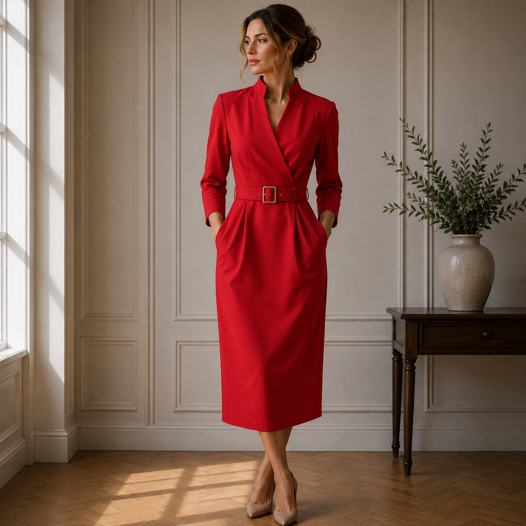 Hilda | Damen Stilvolles Midikleid Mit V-Ausschnitt