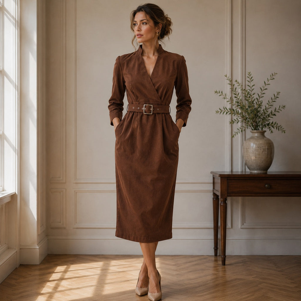 Hilda | Damen Stilvolles Midikleid Mit V-Ausschnitt