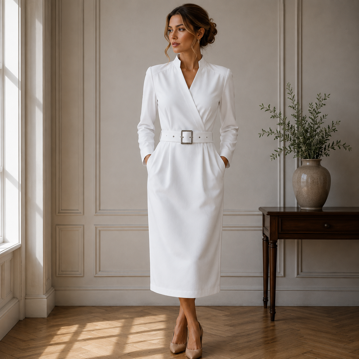 Hilda | Damen Stilvolles Midikleid Mit V-Ausschnitt