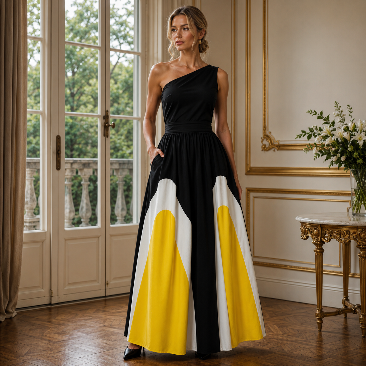 Ida | Damen One-Shoulder Maxikleid Mit Plissee