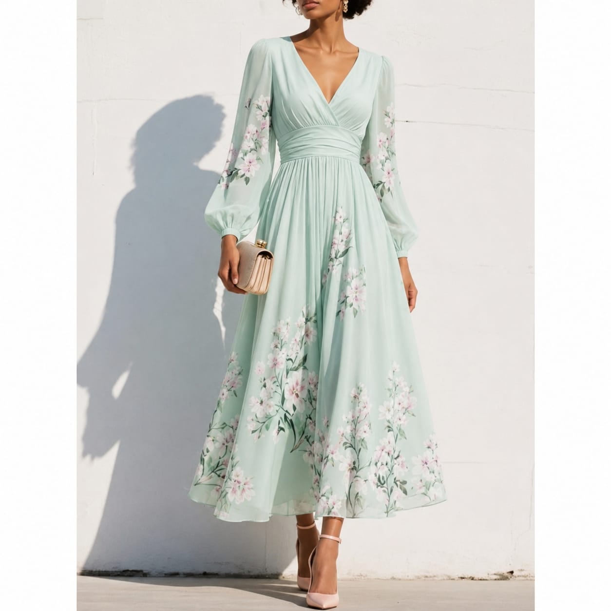Irmingard | Damen Elegant Grünes Blumen Midikleid