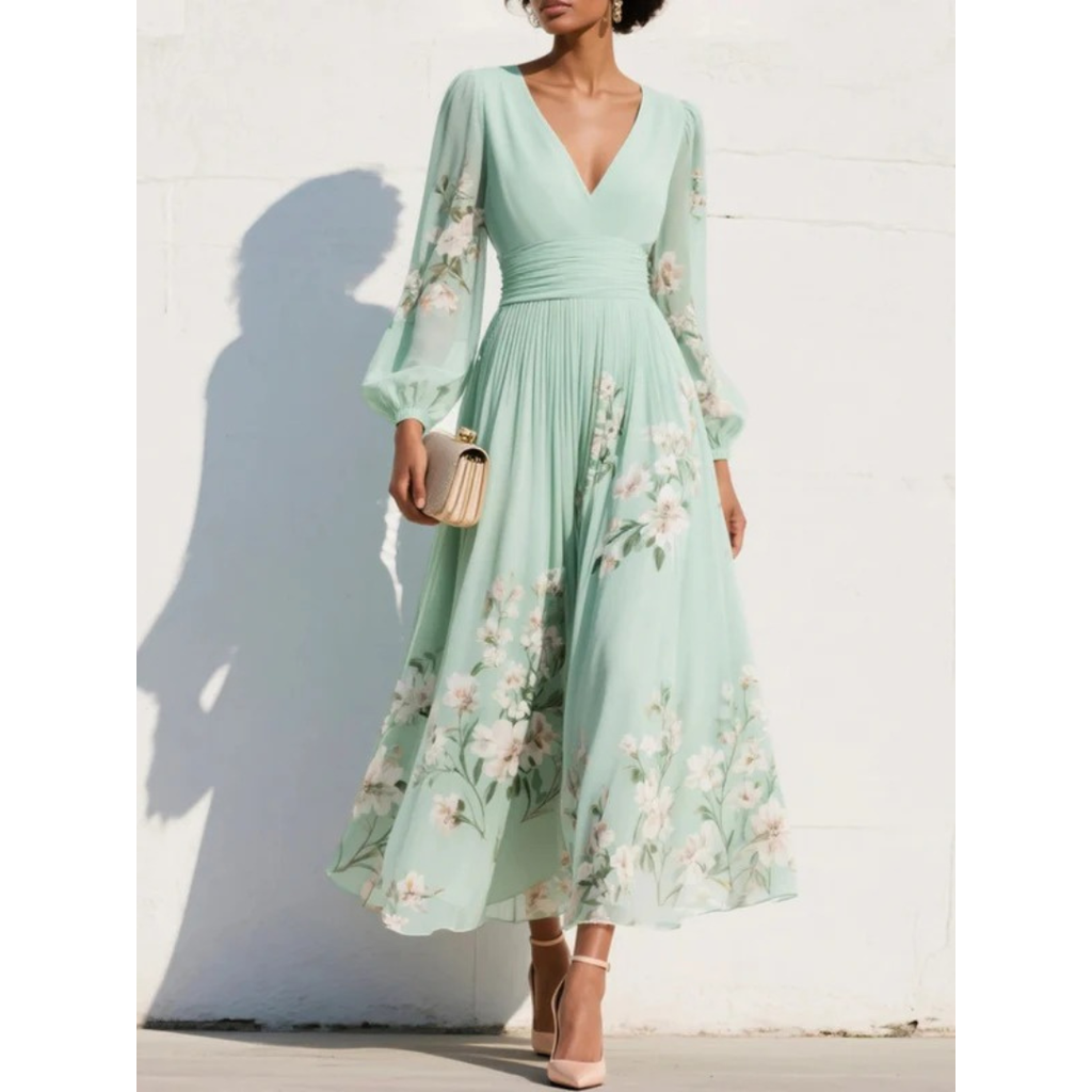 Irmingard | Damen Elegant Grünes Blumen Midikleid