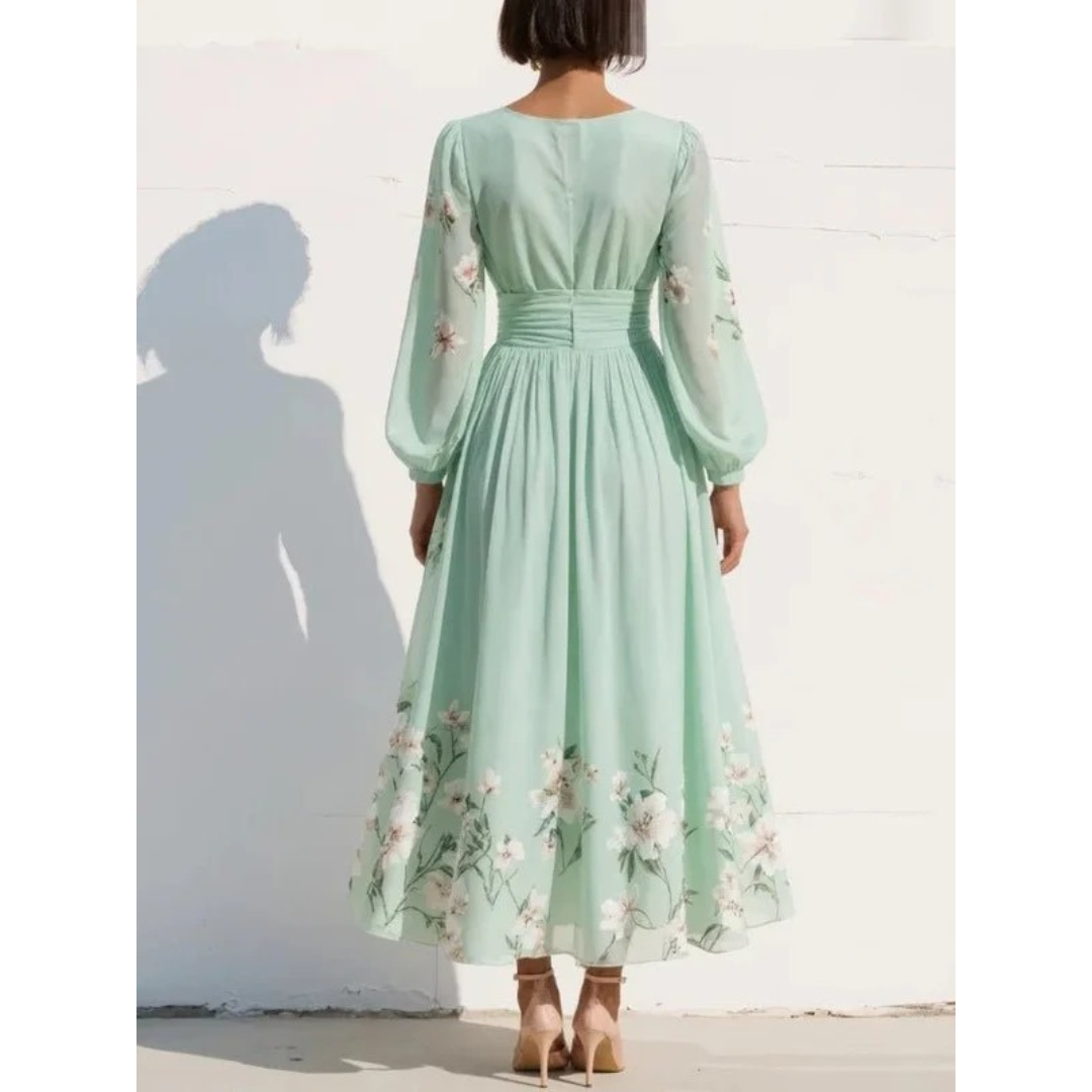 Irmingard | Damen Elegant Grünes Blumen Midikleid