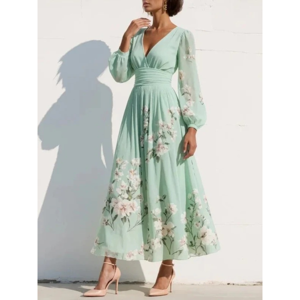 Irmingard | Damen Elegant Grünes Blumen Midikleid