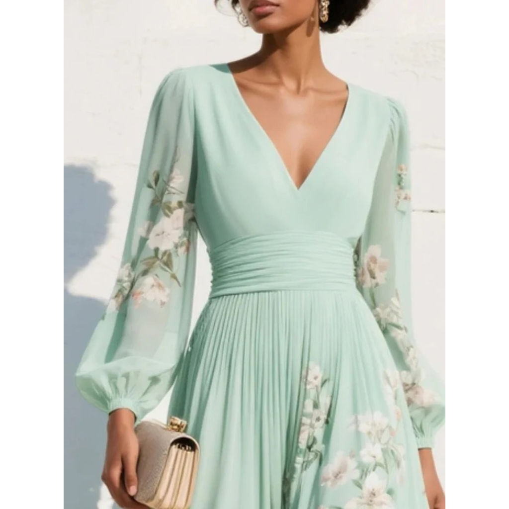 Irmingard | Damen Elegant Grünes Blumen Midikleid