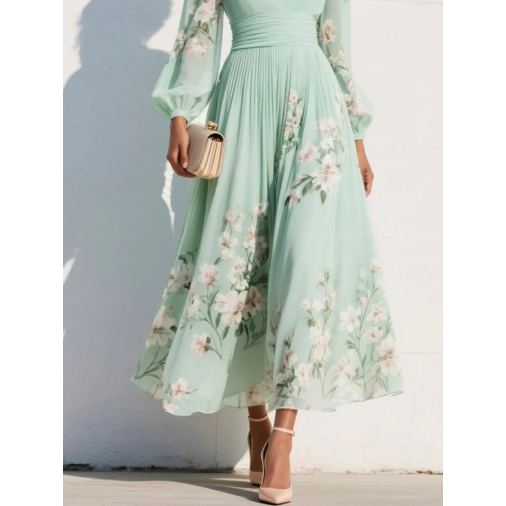 Irmingard | Damen Elegant Grünes Blumen Midikleid