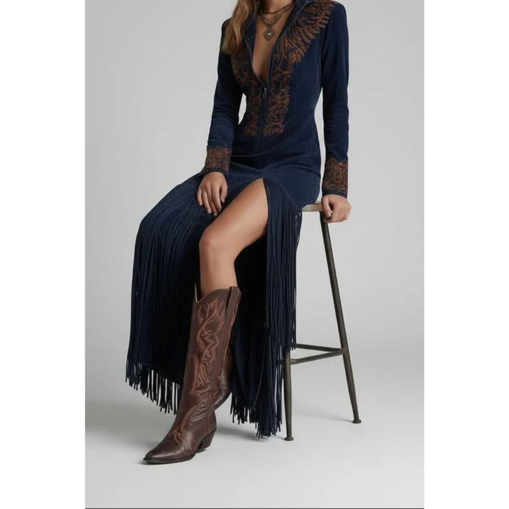 Isabella | Damen Western Maxikleid Mit Fransen