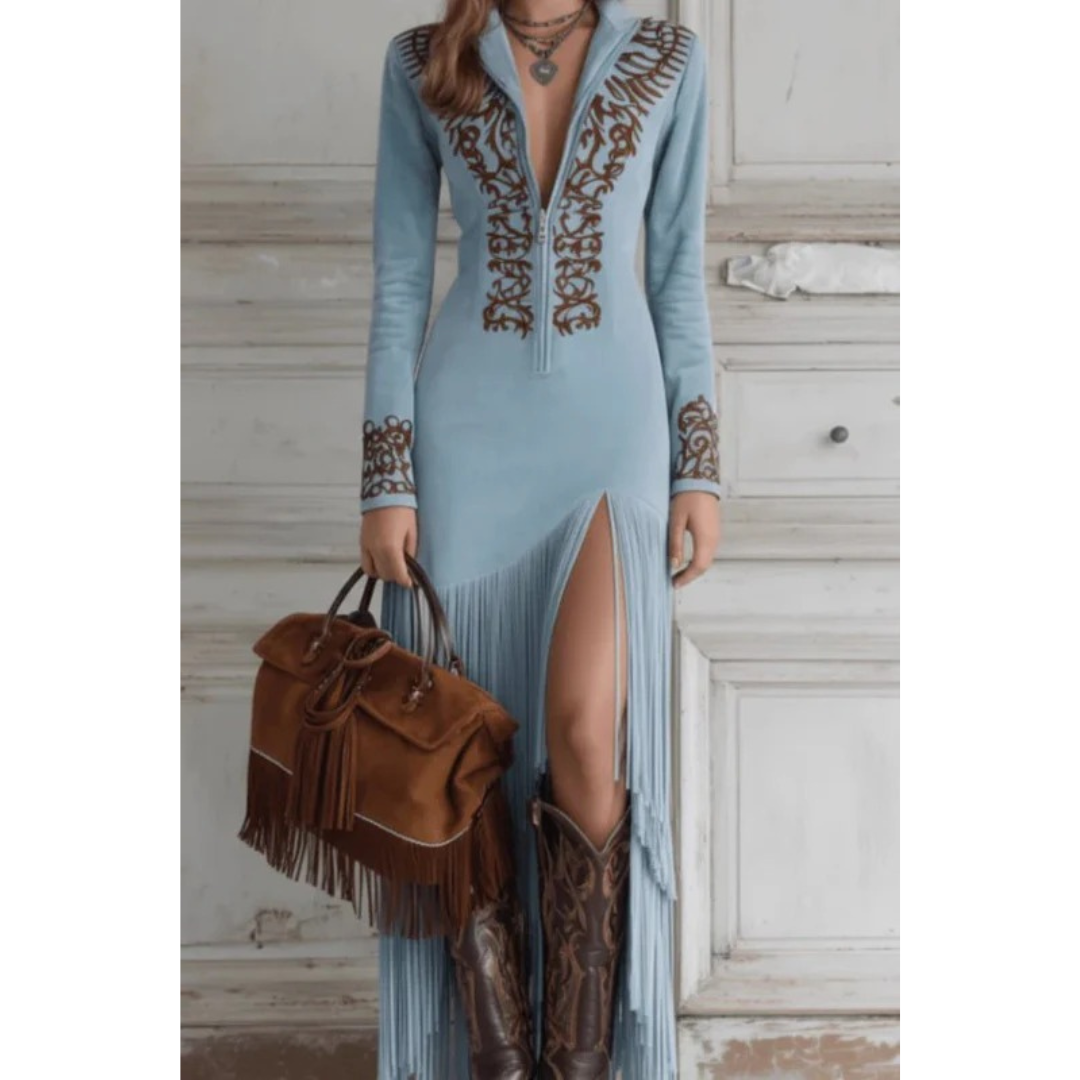 Isabella | Damen Western Maxikleid Mit Fransen