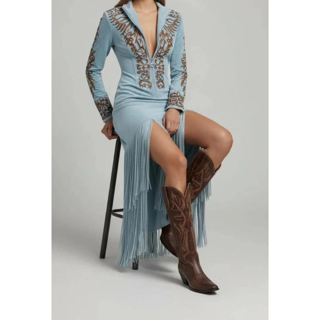 Isabella | Damen Western Maxikleid Mit Fransen
