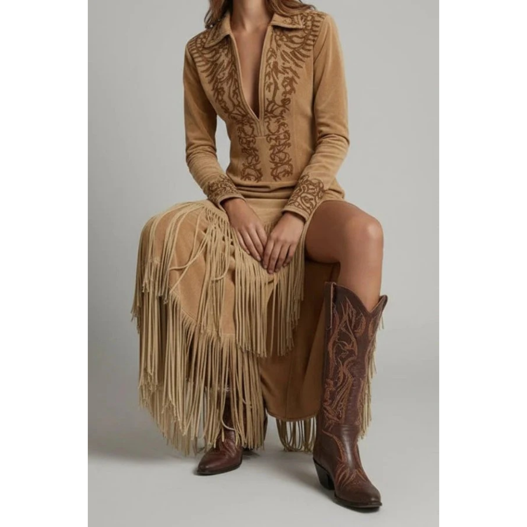 Isabella | Damen Western Maxikleid Mit Fransen